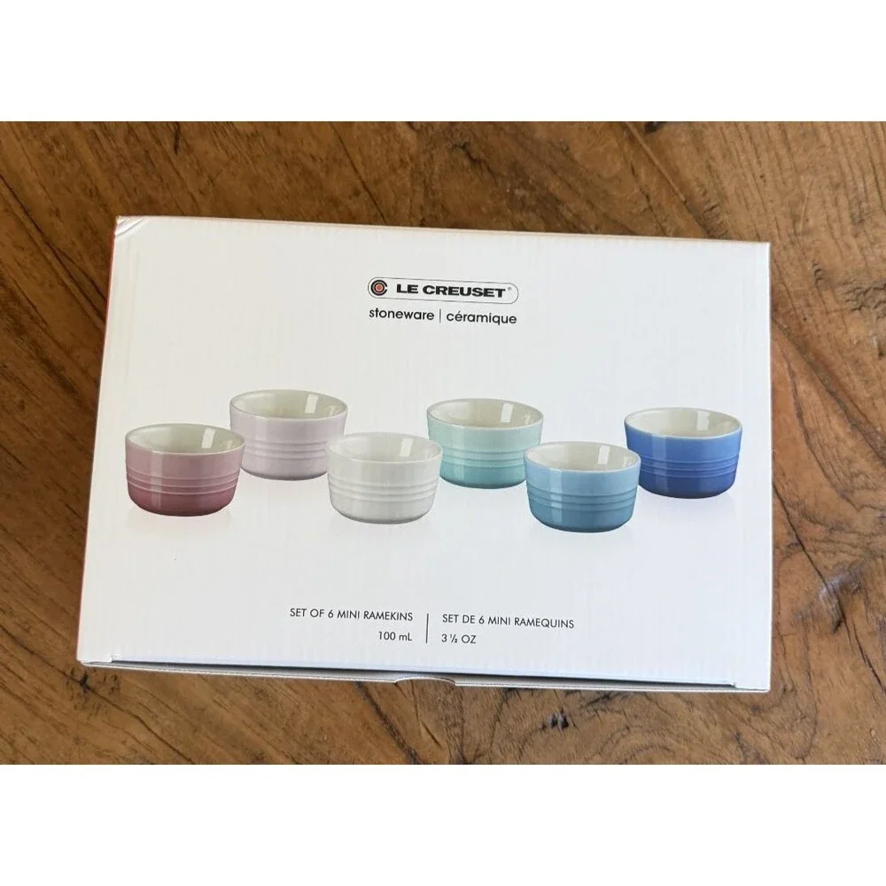 Le Creuset Stoneware Multicolor Set of 6 3.5oz Mini Ramekins Rose Q Mint NEW